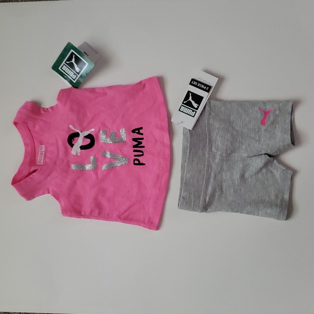NEW PUMA Baby Girls Tee Short Set Florescent Pink Heather Graphic Racerback 3-6M
